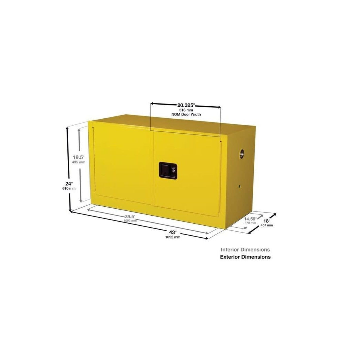 Justrite 891720 Sure-Grip EX 17 Gallon Piggyback Flammable Safety Cabinet Self-Closing Yellow (1 Shelf, 2 Doors) - 3