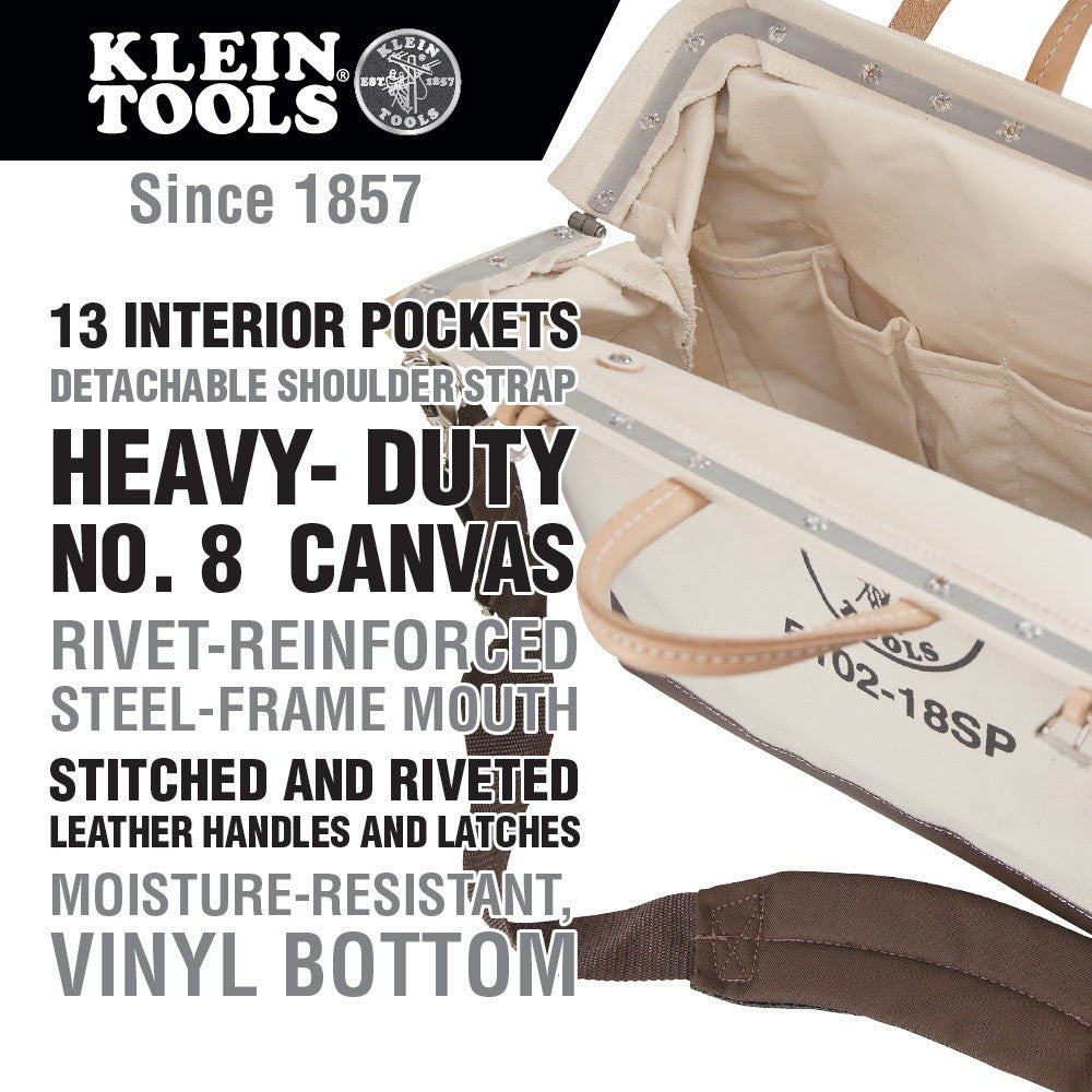 Klein 510218SP Deluxe Tool Bag, Canvas, 13 Pockets, 18" - 2