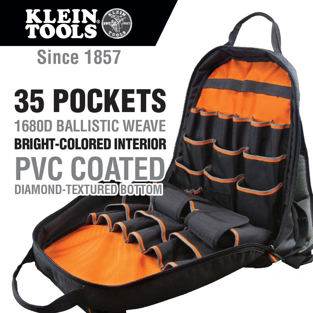 Klein Tools 55475 Tradesman Pro Tool Bag Backpack, 35 Pockets, Black, 17.5" - 7